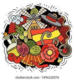 Spain hand drawn cartoon doodle illustration. Funny Spanish elements and objects design. Creative art vector background