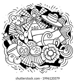 Spain hand drawn cartoon doodle illustration. Funny Spanish elements and objects design. Creative art vector background