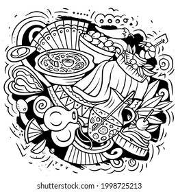Spain hand drawn cartoon doodle illustration. Funny Spanish elements and objects design. Creative art vector background