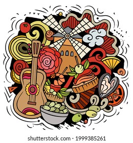 Spain hand drawn cartoon doodle illustration. Funny Spanish elements and objects design. Creative art vector background