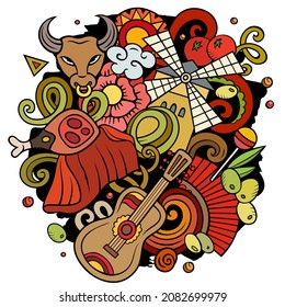 Spain hand drawn cartoon doodle illustration. Funny Spanish elements and objects design. Creative art vector background. Colorful composition
