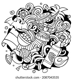 Spain hand drawn cartoon doodle illustration. Funny Spanish elements and objects design. Creative art vector background.