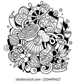 Spain hand drawn cartoon doodle illustration. Funny Spanish elements and objects design. Creative art vector background.