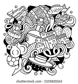 Spain hand drawn cartoon doodle illustration. Funny Spanish elements and objects design. Creative art vector background.