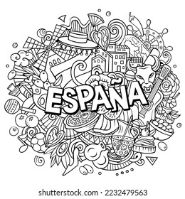 Spain hand drawn cartoon doodle illustration. Funny Spanish design. Creative art vector background. Handwritten text with elements and objects. Sketchy composition