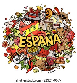 Spain hand drawn cartoon doodle illustration. Funny Spanish design. Creative art vector background. Handwritten text with elements and objects. Colorful composition