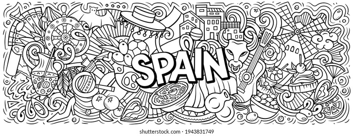 Spain hand drawn cartoon doodles illustration. Spanish funny objects and elements poster design. Creative art background. Line art vector banner