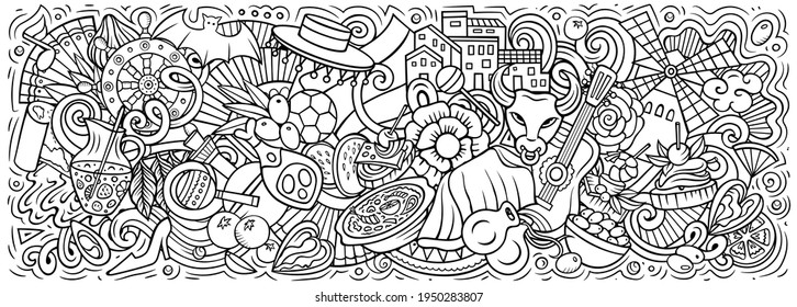 Spain hand drawn cartoon doodles illustration. Spanish funny objects and elements poster design. Creative background. Line art vector banner