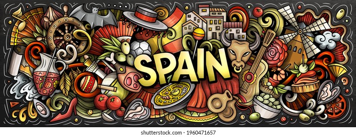Spain hand drawn cartoon doodles illustration. Spanish funny objects and elements poster design. Creative art background. Colorful vector banner
