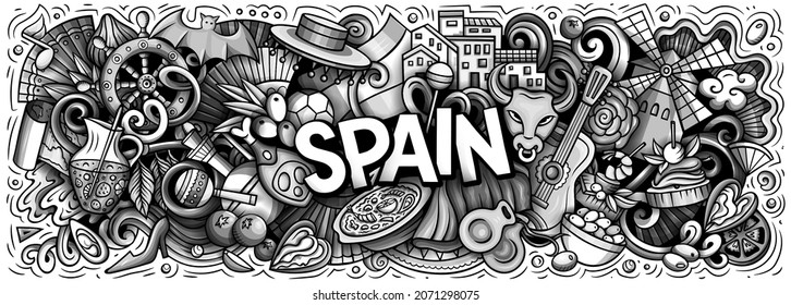 Spain hand drawn cartoon doodles illustration. Spanish funny objects and elements poster design. Creative art background. Monochrome vector banner
