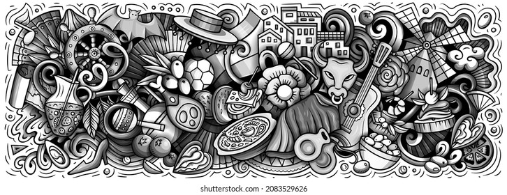 Spain hand drawn cartoon doodles illustration. Spanish funny objects and elements poster design. Creative background. Monochrome vector banner
