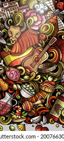 Spain hand drawn doodle banner. Cartoon vector detailed flyer. Illustration with Spanish objects and symbols. Colorful vertical background