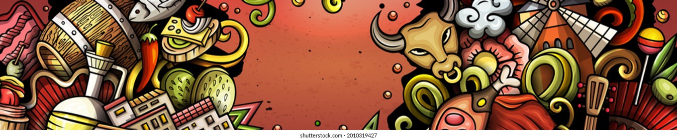 Spain hand drawn doodle banner. Cartoon vector detailed flyer. Illustration with Spanish objects and symbols. Colorful horizontal background