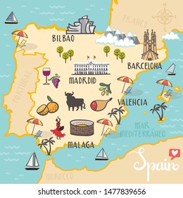 Spain - hand drawn illustration, map with landmarks