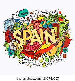 Spain hand lettering and doodles elements background. Vector illustration