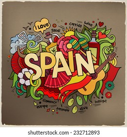 Spain hand lettering and doodles elements background. Vector illustration