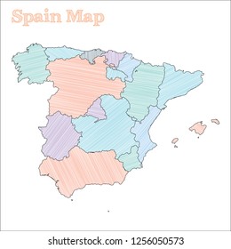 Spain hand-drawn map. Colourful sketchy country outline. Fancy Spain map with provinces. Vector illustration.