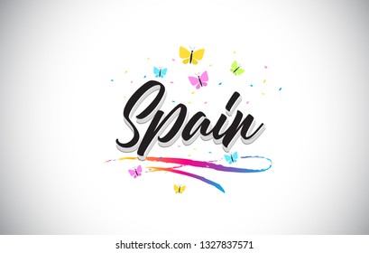 Spain Handwritten Word Text with Butterflies and Colorful Swoosh Vector Illustration Design.