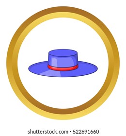 Spain hat with red ribbon vector icon in golden circle, cartoon style isolated on white background