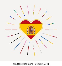 Spain heart with flag of the country. Sunburst around Spain heart sign. Vector illustration.