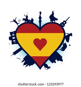 Spain heart shaped flag and silhouettes