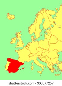 Spain high detailed vector map, Europe, vector map silhouette illustration isolated on Europe map. Editable blank vector map of Europe.
