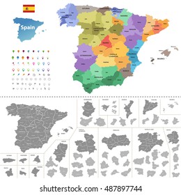 Spain high detailed vector map (colored by autonomous communities) with administrative divisions. All layers detachable and labeled