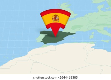 Spain Highlighted on Europe Map with Flag Icon. Detailed Vector Design.