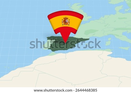 Spain Highlighted on Europe Map with Flag Icon. Detailed Vector Design.