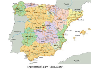 Spain - Highly detailed editable political map with labeling.