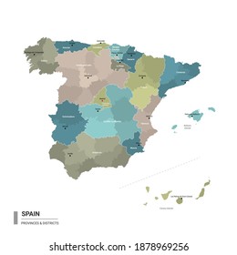 Spain higt detailed map with subdivisions. Administrative map of Spain with districts and cities name, colored by states and administrative districts. Vector illustration.