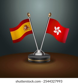 Spain and Hong Kong table flags relation  with gradient backgrund. Vector Illustration