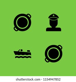 spain icon. 4 spain set with paella, militar and person travelling in a boat transport floating on the sea vector icons for web and mobile app