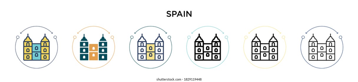 Spain icon in filled, thin line, outline and stroke style. Vector illustration of two colored and black spain vector icons designs can be used for mobile, ui, web
