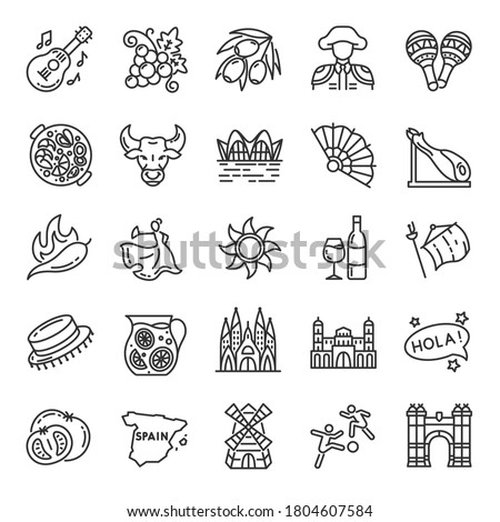 Spain, icon set. Spanish traditional holidays, landmark, clothing, buildings, linear icons. Line with editable stroke