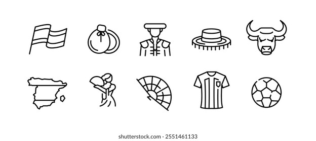 Ícones da Espanha. Conjunto de 10 ícones mínimos da moda Espanha. Exemplo: Mapa de Espanha, Flamenco, Bull, Paella, ícone Bandeira espanhola. Sinais de design para página da Web, aplicativo móvel, design de embalagem. Ilustração vetorial