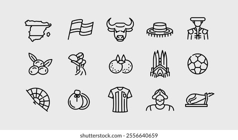 Spain icons. Set of 15 Spain trendy minimal icons. Example: Map of Spain, Sagrada Familia, Bull, Paella, Spanish Flag icon. Design signs for web page, mobile app, packaging design. Vector illustration