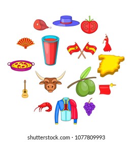 Spain icons set in cartoon style. Spain travel attractions set collection vector illustration