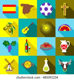 Spain icons set in flat style. Spain travel tourist attractions set collection vector illustration