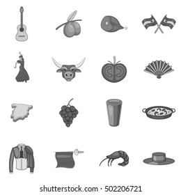 Spain icons set. Gray monochrome illustration of 16 Spain vector icons for web