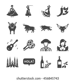 Spain icons set. Included the icons as matador, Flamenco dancer, wine, maracas, bull fighter, Barcelona and more.