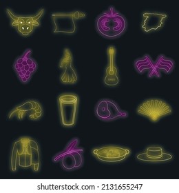 Spain icons set in neon style. Spain travel attractions set collection vector illustration