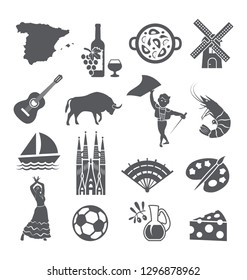 Spain icons set. Spanish traditional symbols and objects on white.