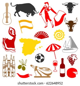 Spain icons set. Spanish traditional symbols and objects.