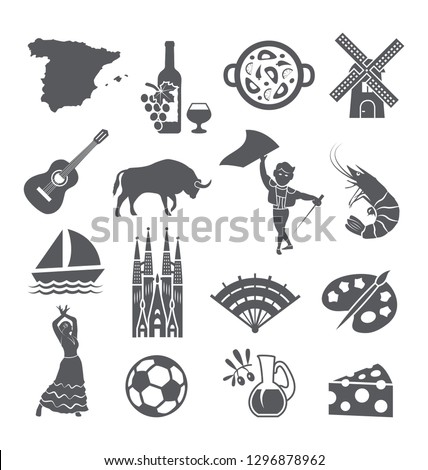 Spain icons set. Spanish traditional symbols and objects on white.