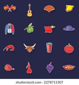 Spain icons set stikers collection vector with shadow on purple background