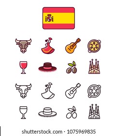 Spain icons set. Traditional Spanish signs and symbols. 2 styles, colored cartoon line icons and black outlines.