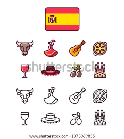 Spain icons set. Traditional Spanish signs and symbols. 2 styles, colored cartoon line icons and black outlines.