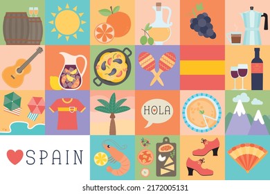 Spain Icons Vector Flat Design Set. Isolated Graphics Of Spanish Traditional Symbols And Objects For Tourism, Tourist, Vacation, Holiday, Food, Drink, Activities