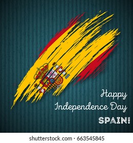 Spain Independence Day Patriotic Design. Expressive Brush Stroke in National Flag Colors on dark striped background. Happy Independence Day Spain Vector Greeting Card.
